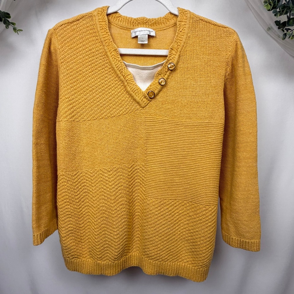 Christopher & Banks Mustard Yellow Textured Knit V-Neck Sweater Large